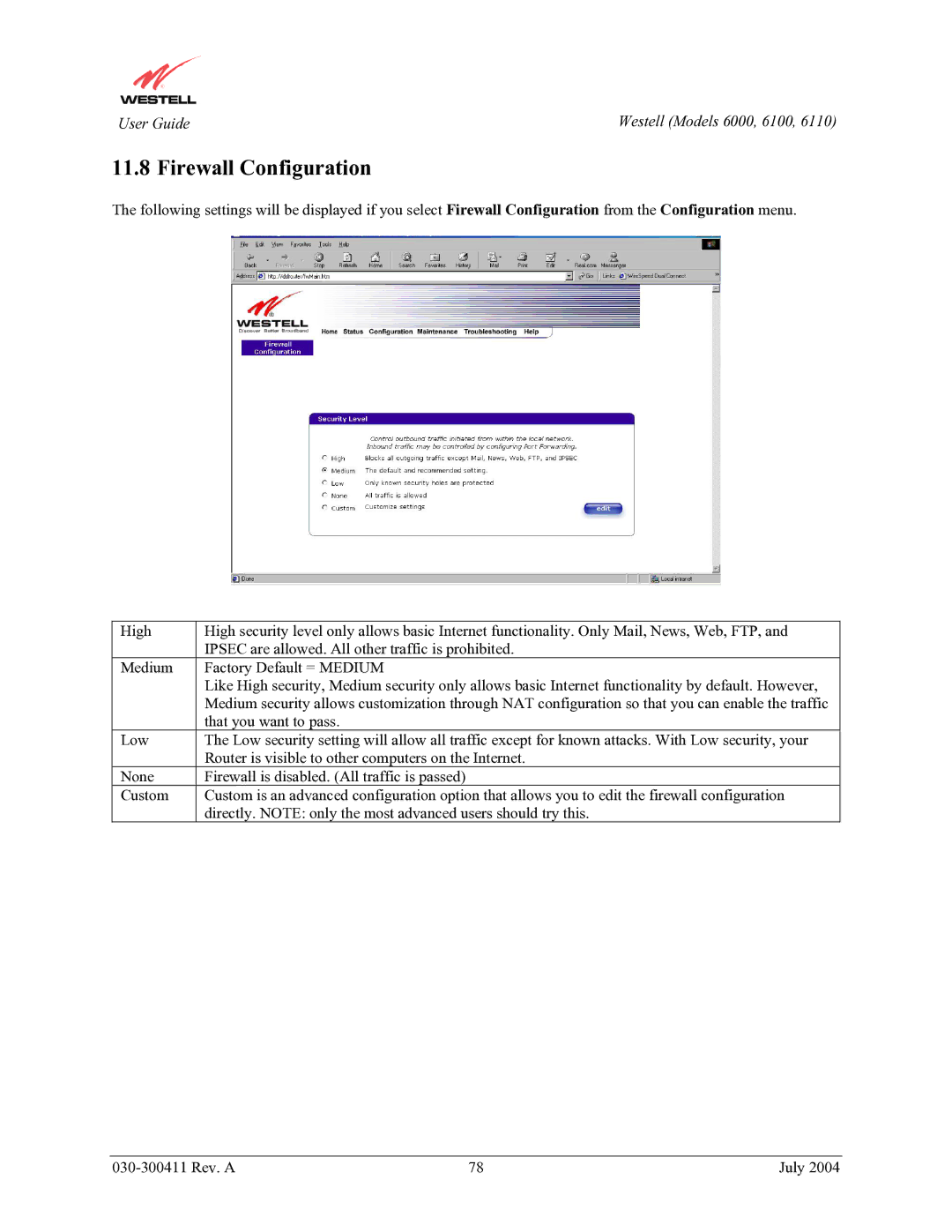 Westell Technologies 6000, 6100, 6110 manual Firewall Configuration 