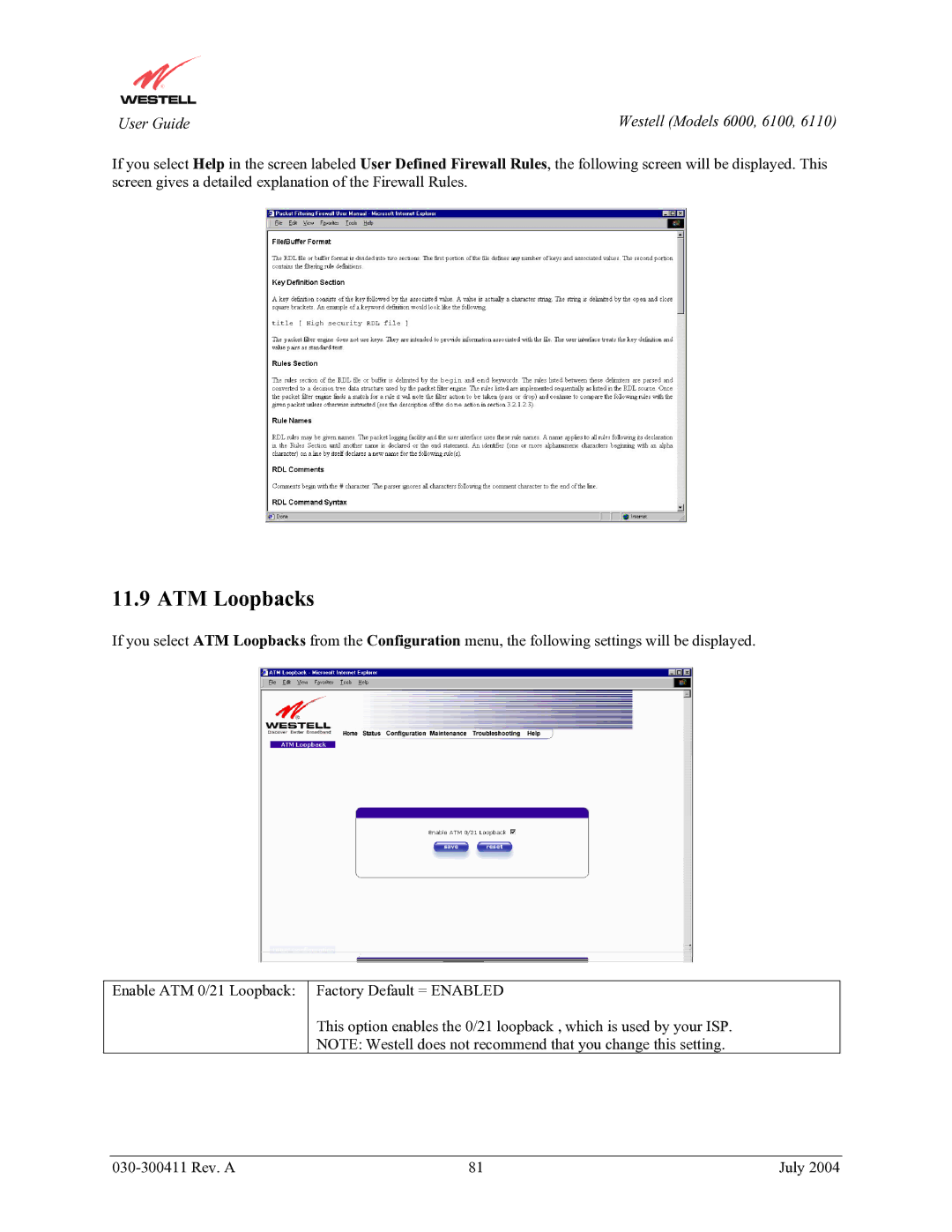 Westell Technologies 6000, 6100, 6110 manual ATM Loopbacks 