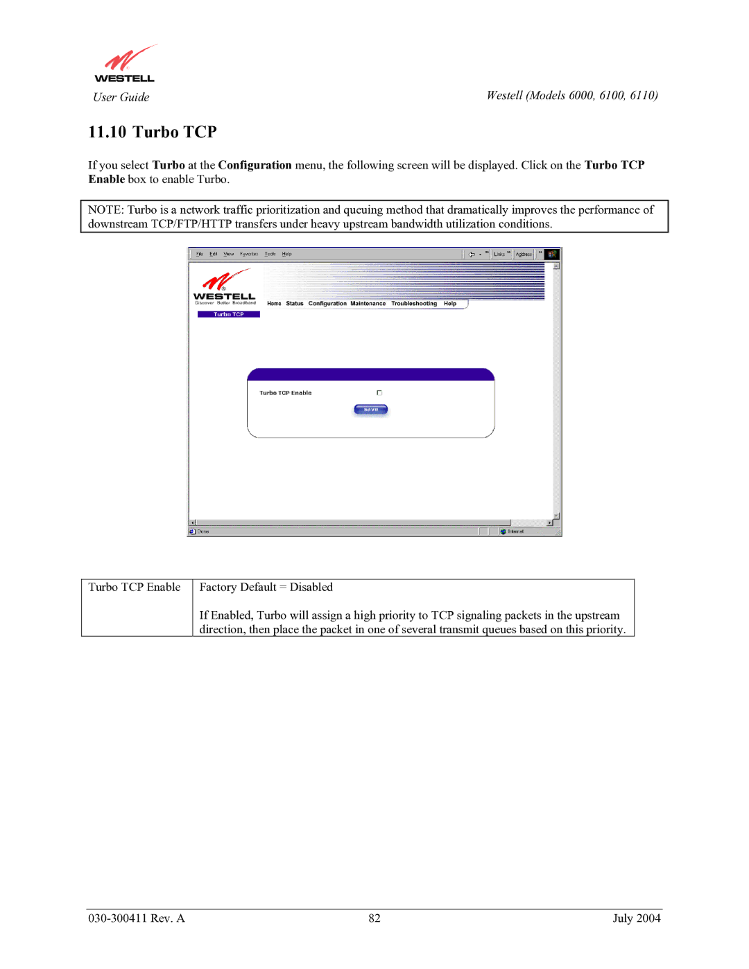 Westell Technologies 6100, 6000, 6110 manual Turbo TCP 