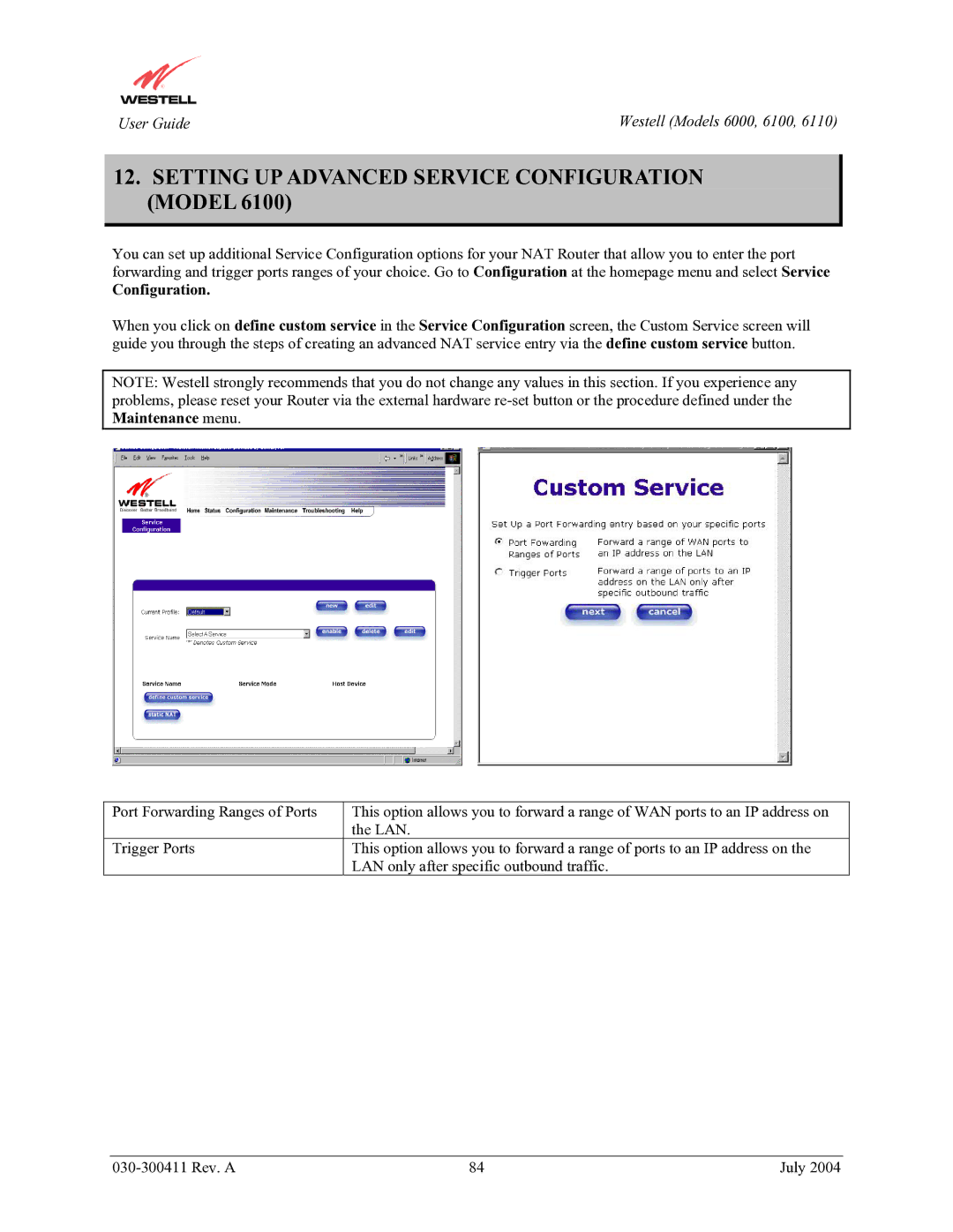 Westell Technologies 6000, 6100, 6110 manual Setting UP Advanced Service Configuration Model 