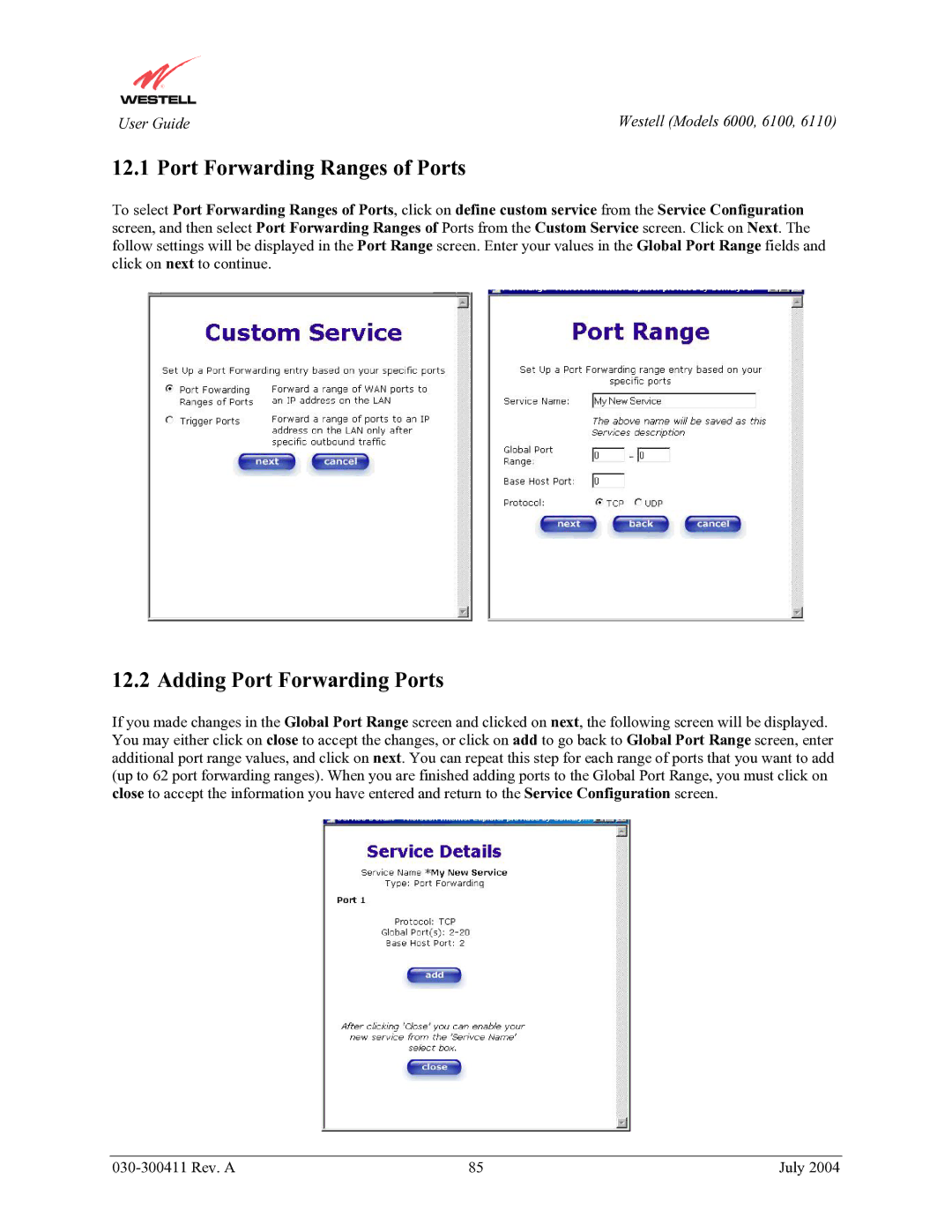 Westell Technologies 6100, 6000, 6110 manual Port Forwarding Ranges of Ports, Adding Port Forwarding Ports 