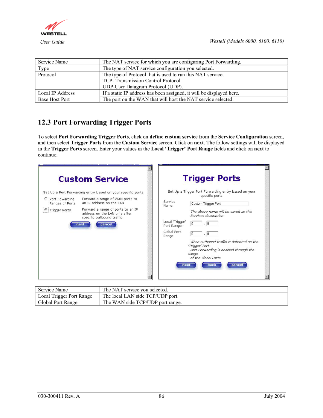 Westell Technologies 6110, 6000, 6100 manual Port Forwarding Trigger Ports 