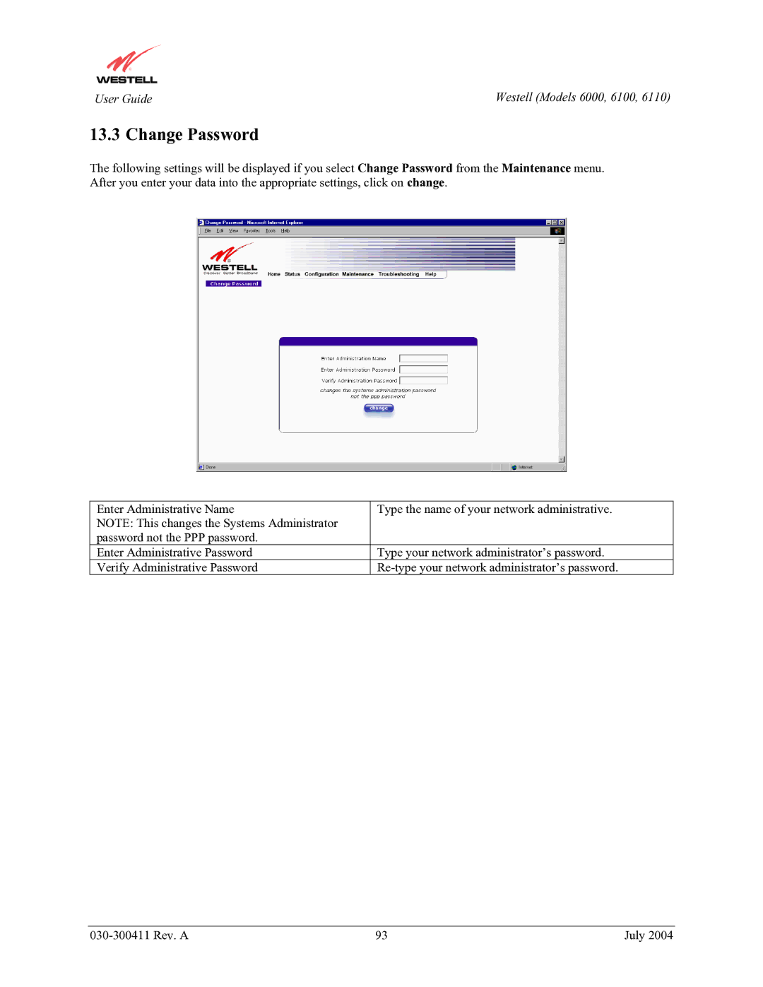 Westell Technologies 6000, 6100, 6110 manual Change Password 