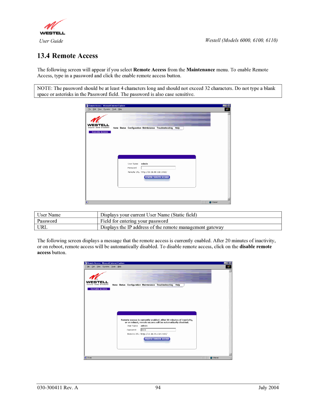 Westell Technologies 6100, 6000, 6110 manual Remote Access, Url 