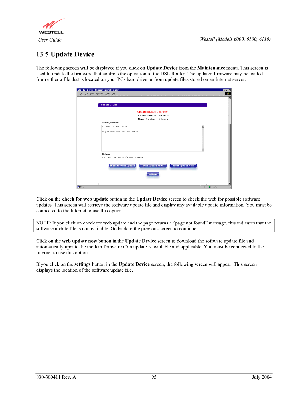 Westell Technologies 6110, 6000, 6100 manual Update Device 