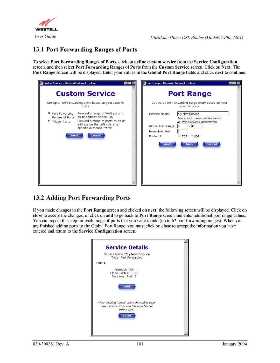 Westell Technologies 7400, 7401 manual Port Forwarding Ranges of Ports, Adding Port Forwarding Ports 