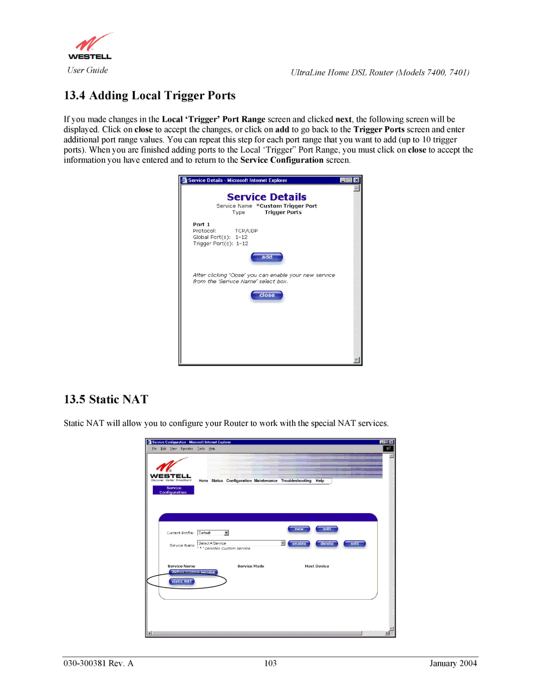 Westell Technologies 7400, 7401 manual Adding Local Trigger Ports, Static NAT 