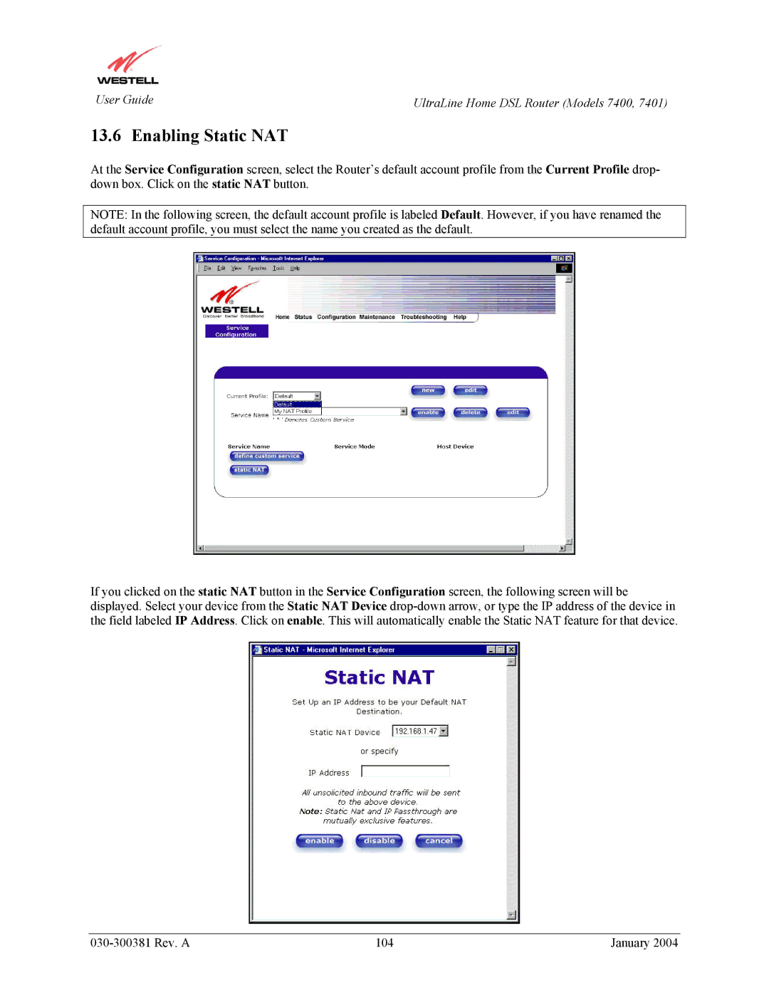 Westell Technologies 7401, 7400 manual Enabling Static NAT 