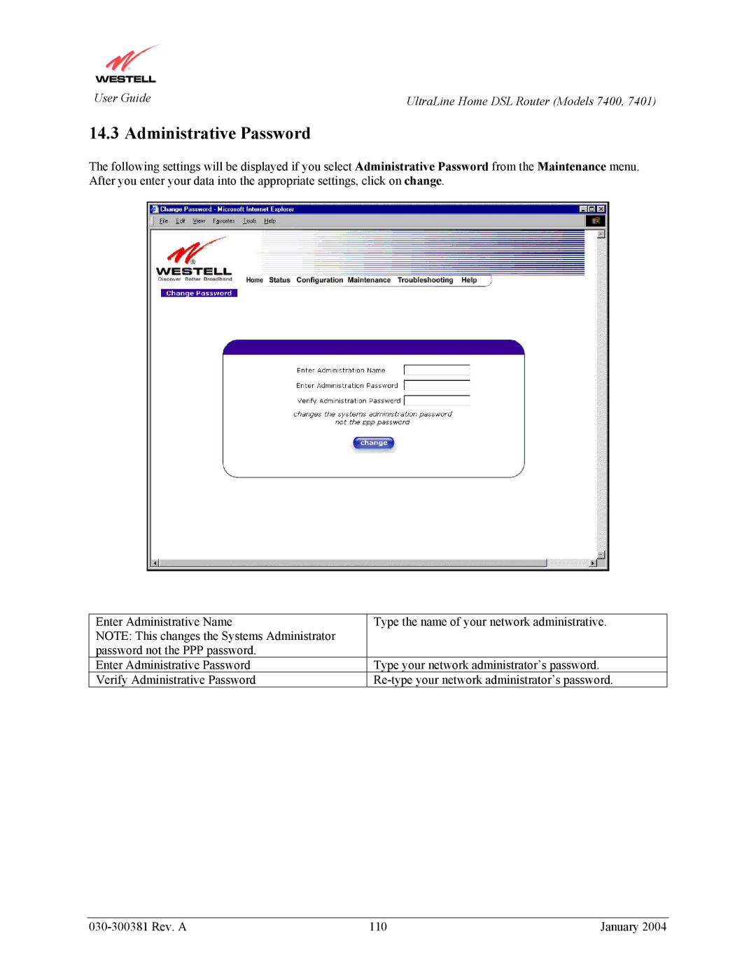 Westell Technologies 7401, 7400 manual Administrative Password 