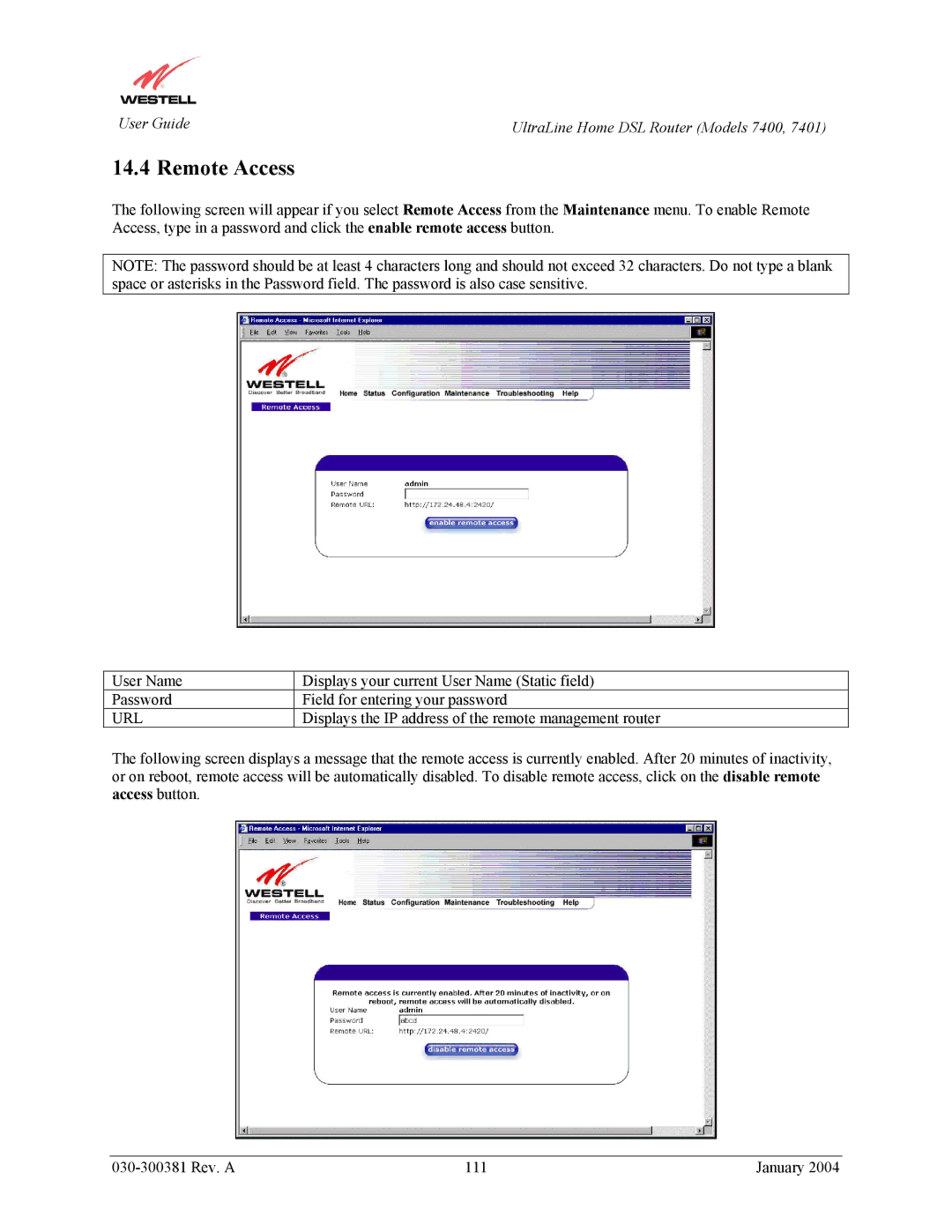 Westell Technologies 7400, 7401 manual Remote Access, Url 