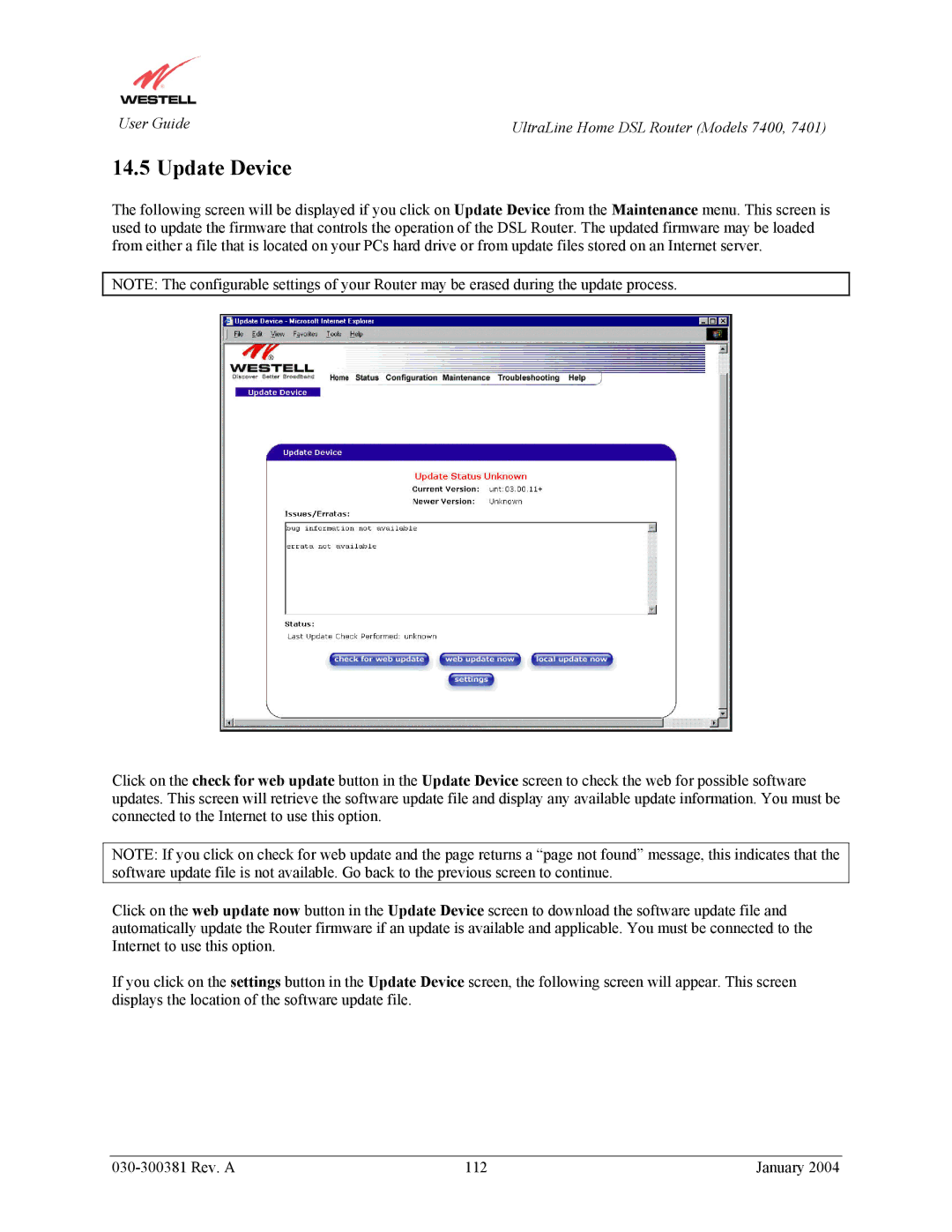Westell Technologies 7401, 7400 manual Update Device 