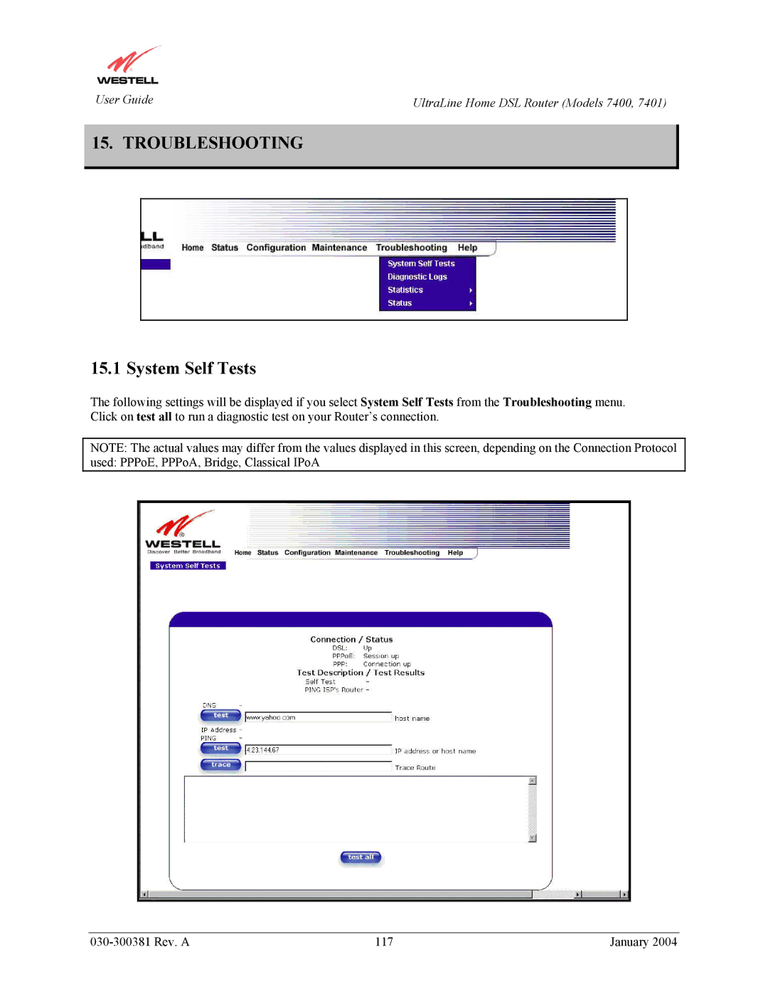 Westell Technologies 7400, 7401 manual Troubleshooting, System Self Tests 