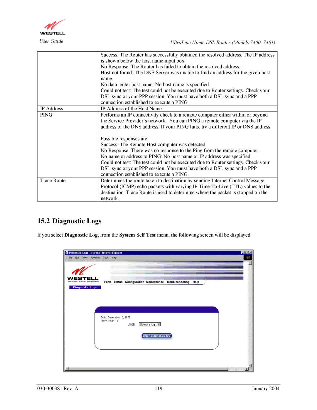 Westell Technologies 7400, 7401 manual Diagnostic Logs, Ping 