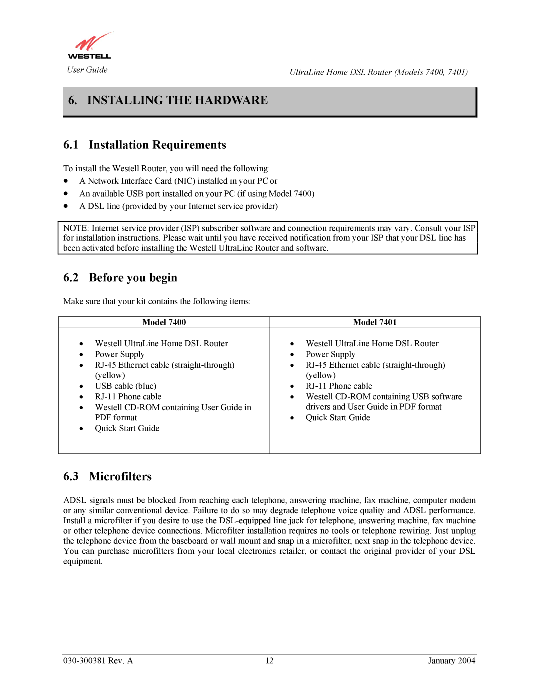 Westell Technologies 7401, 7400 manual Installing the Hardware, Installation Requirements, Before you begin, Microfilters 