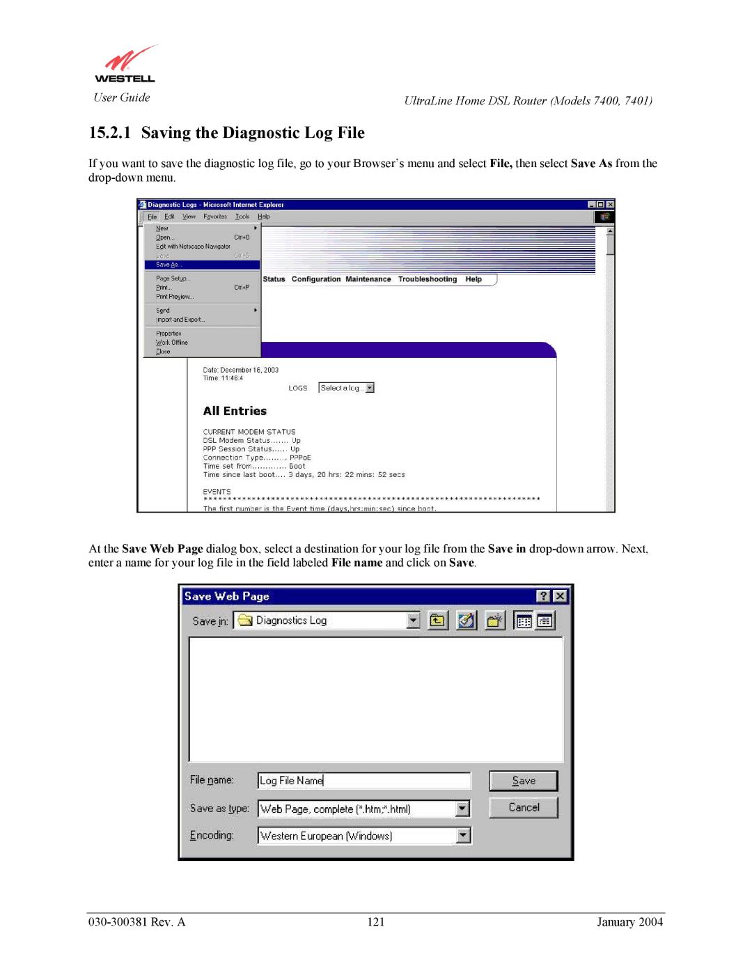 Westell Technologies 7400, 7401 manual Saving the Diagnostic Log File 