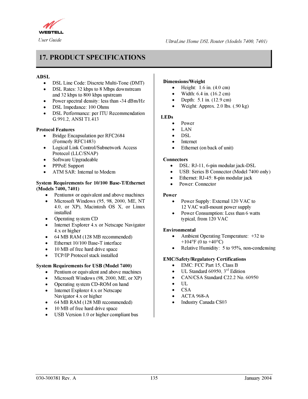 Westell Technologies 7400, 7401 manual Product Specifications 