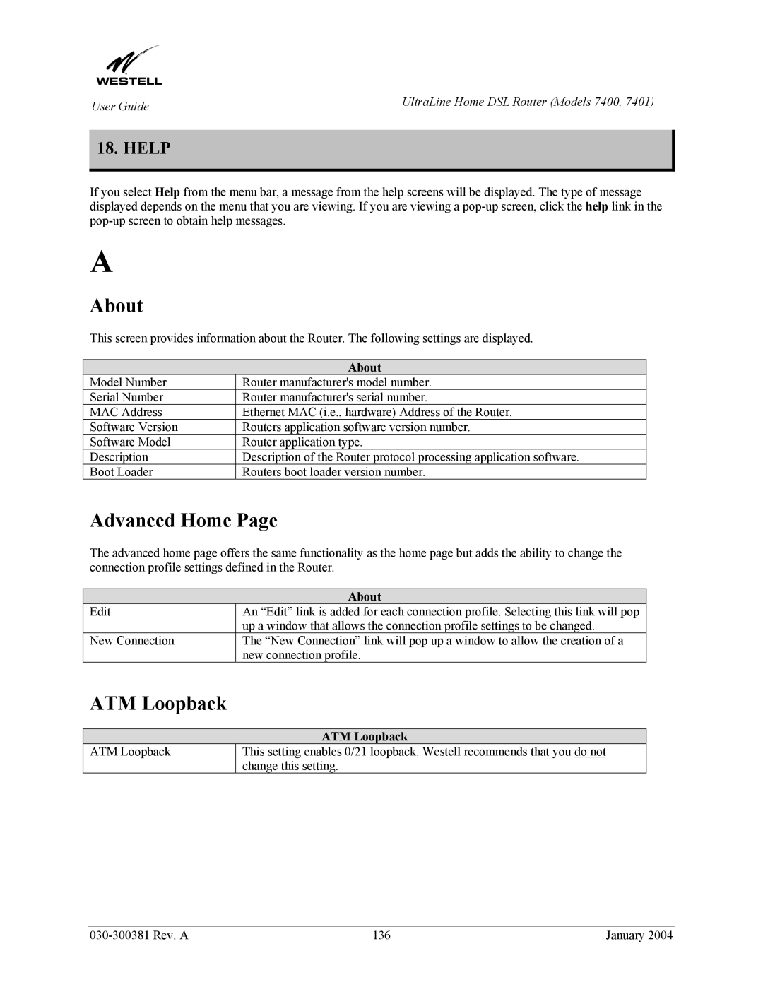 Westell Technologies 7401, 7400 manual Help, About, ATM Loopback 