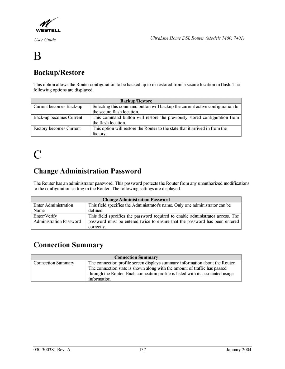 Westell Technologies 7400, 7401 manual Backup/Restore, Change Administration Password, Connection Summary 