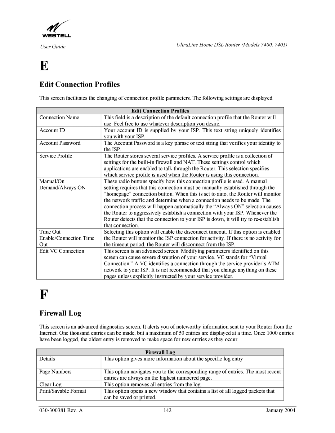 Westell Technologies 7401, 7400 manual Edit Connection Profiles, Firewall Log 