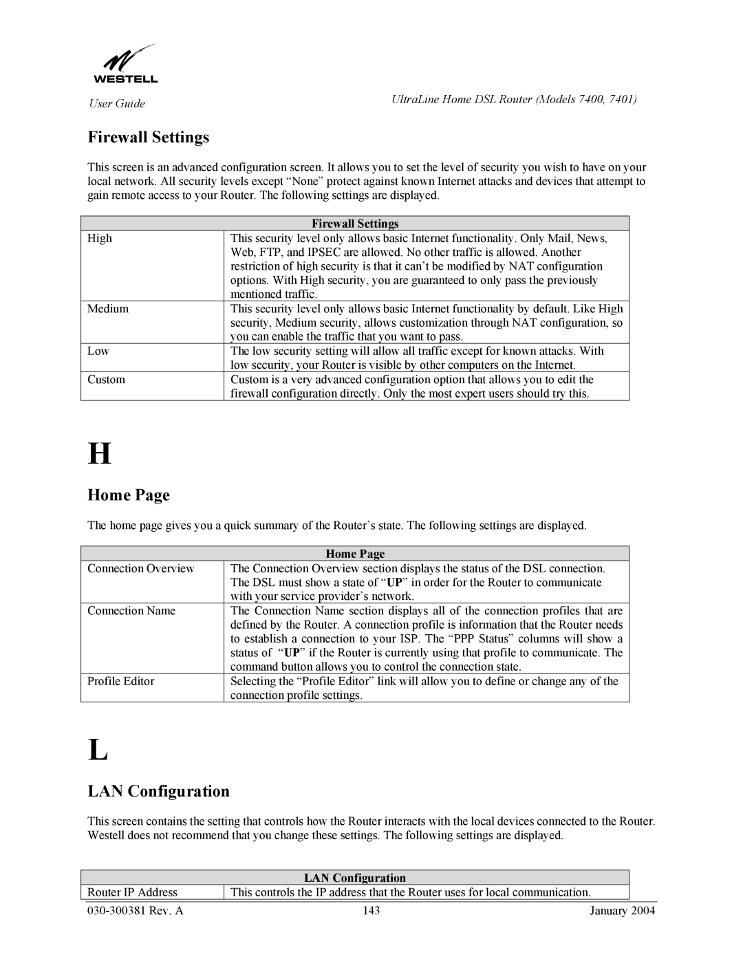 Westell Technologies 7400, 7401 manual Firewall Settings, LAN Configuration, Home 