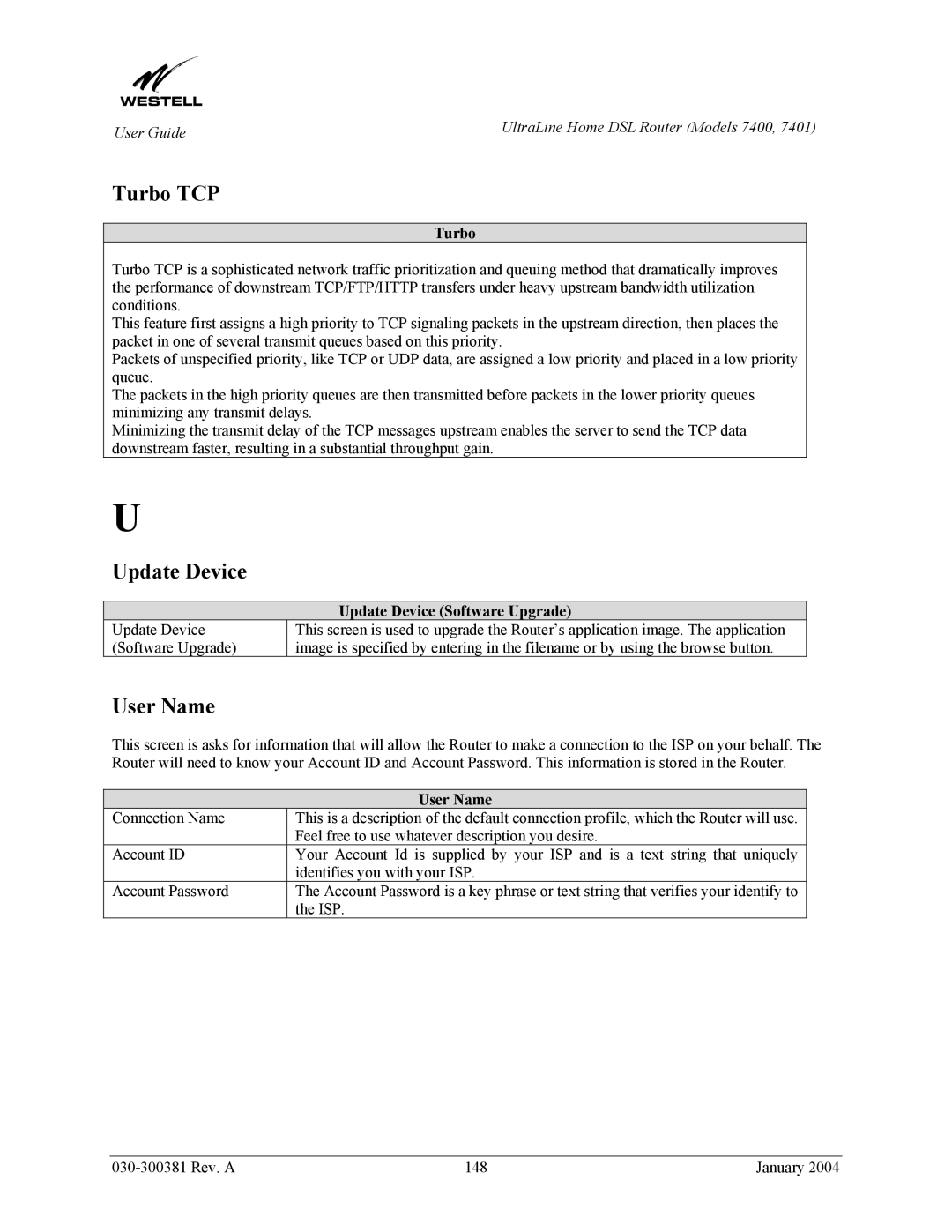 Westell Technologies 7401, 7400 manual Turbo TCP, User Name, Update Device Software Upgrade 