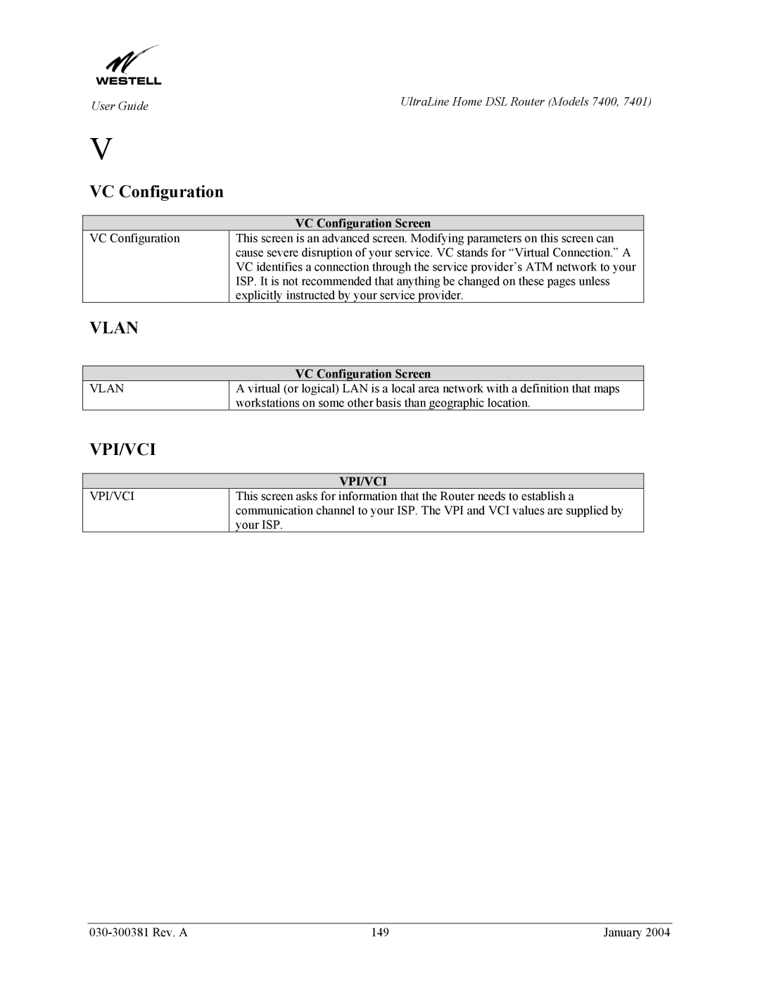 Westell Technologies 7400, 7401 manual Vlan, Vpi/Vci, VC Configuration Screen 