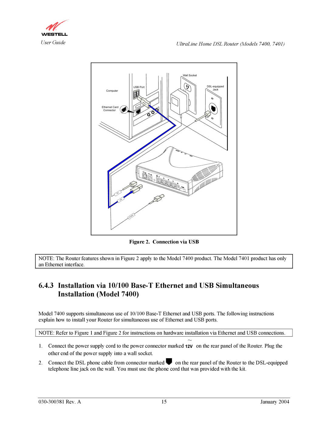 Westell Technologies 7400, 7401 manual Connection via USB 