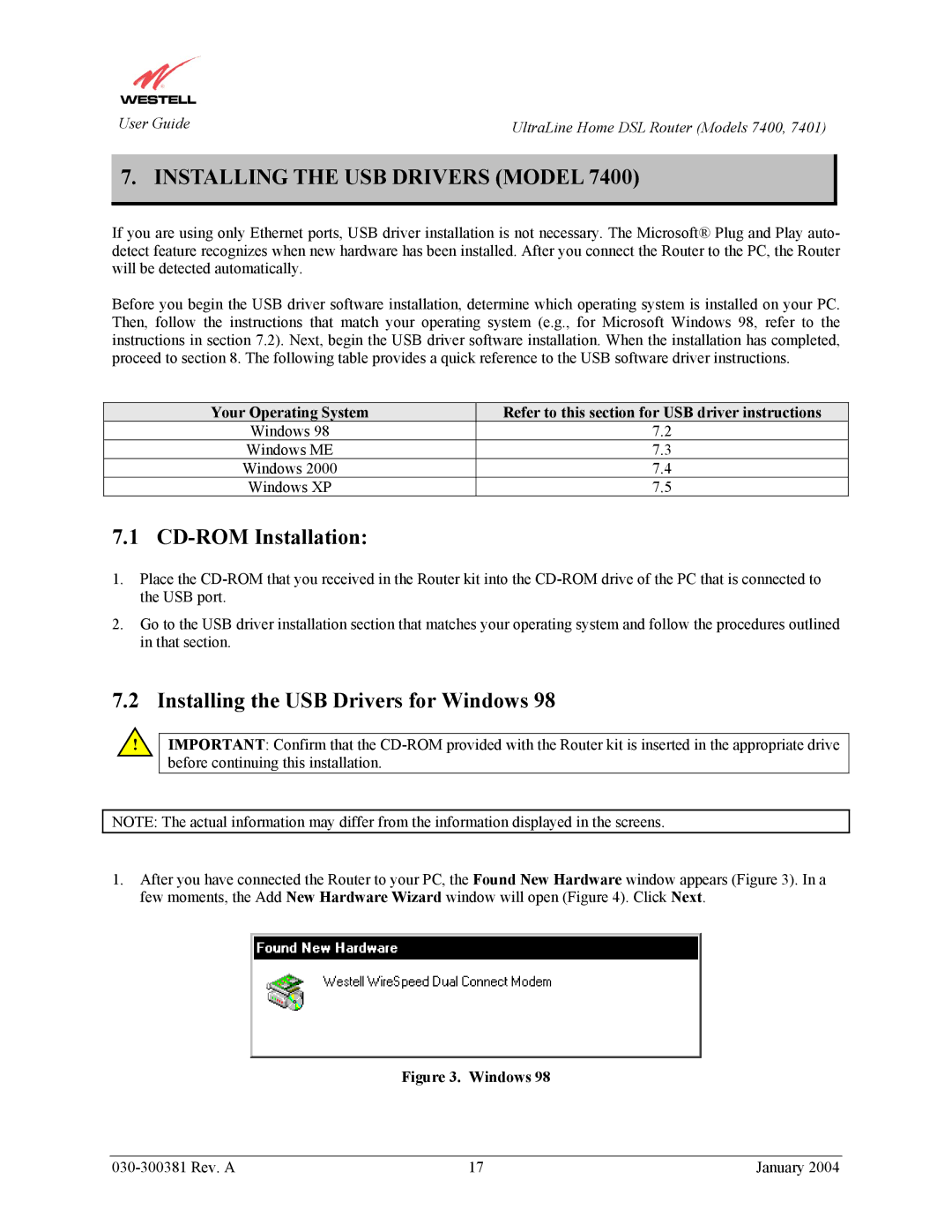 Westell Technologies 7400 Installing the USB Drivers Model, CD-ROM Installation, Installing the USB Drivers for Windows 