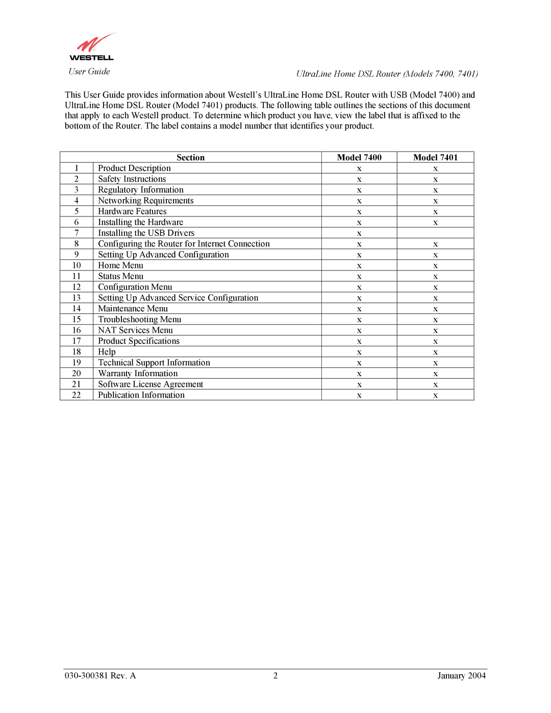 Westell Technologies 7401 manual User Guide UltraLine Home DSL Router Models 7400, Section Model 