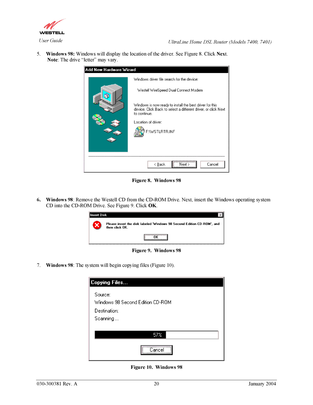 Westell Technologies 7401, 7400 manual Windows 98 The system will begin copying files Figure 