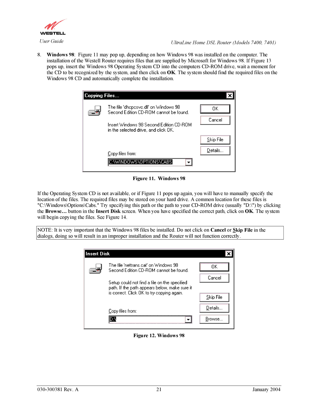 Westell Technologies 7400, 7401 manual Windows 