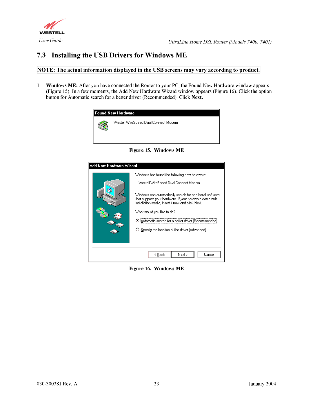 Westell Technologies 7400, 7401 manual Installing the USB Drivers for Windows ME 