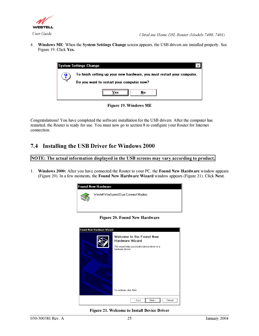 Westell Technologies 7400, 7401 manual Installing the USB Driver for Windows, Found New Hardware 