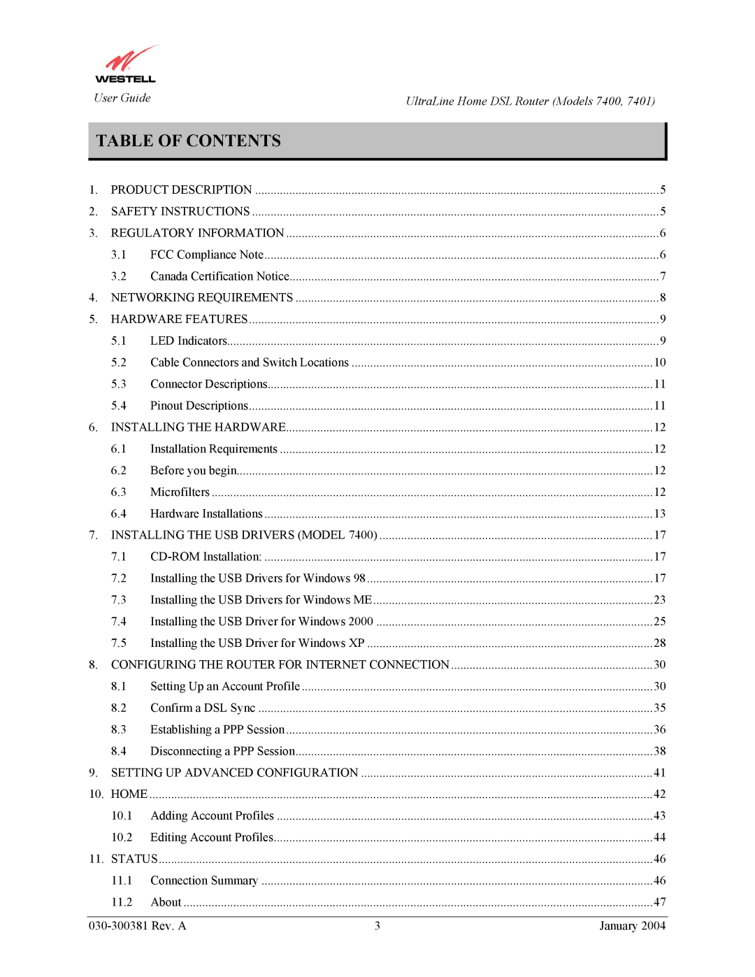 Westell Technologies 7400, 7401 manual Table of Contents 