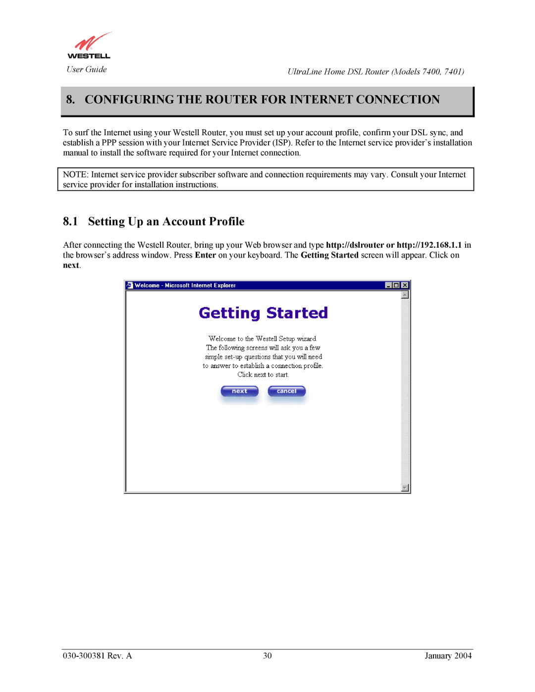 Westell Technologies 7401, 7400 manual Configuring the Router for Internet Connection, Setting Up an Account Profile 