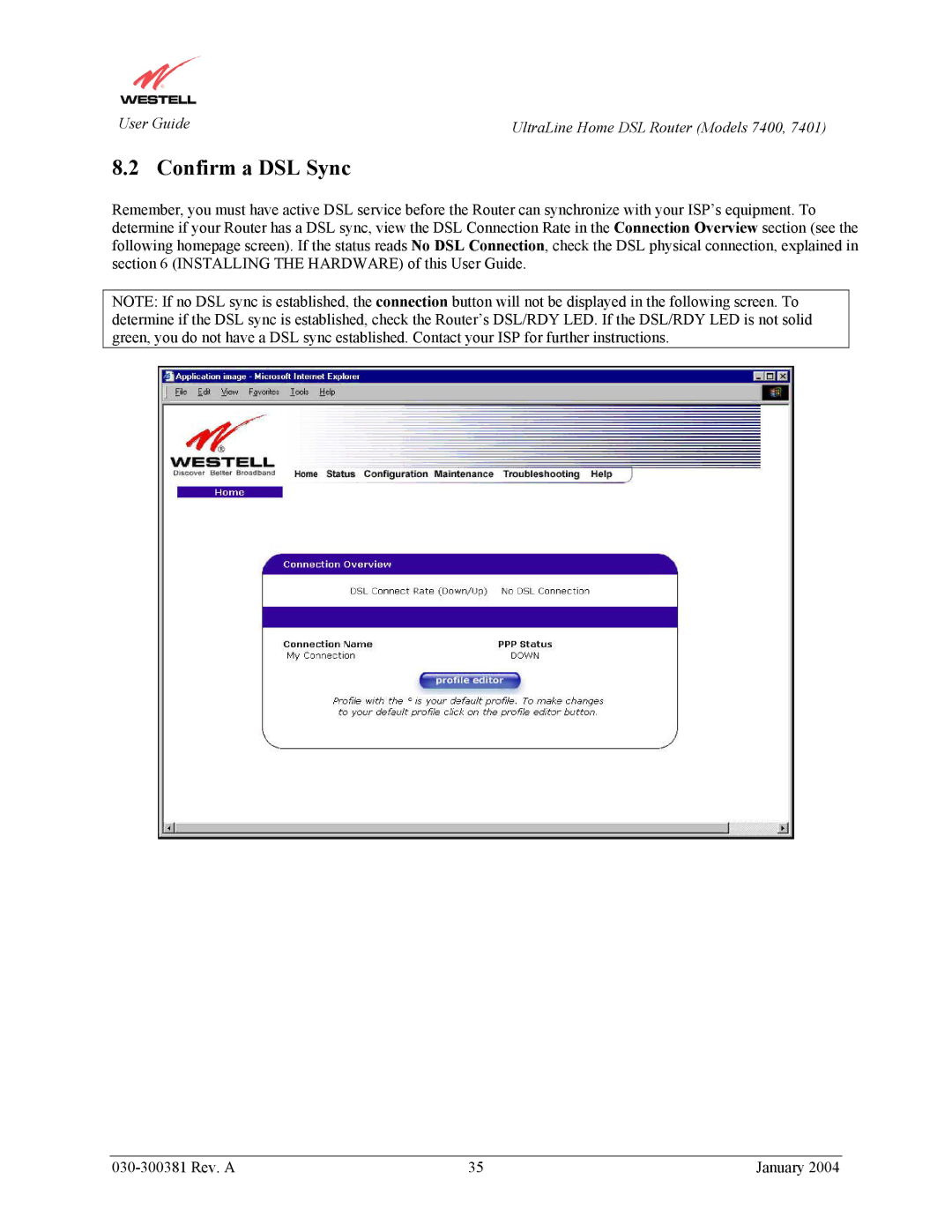 Westell Technologies 7400, 7401 manual Confirm a DSL Sync 