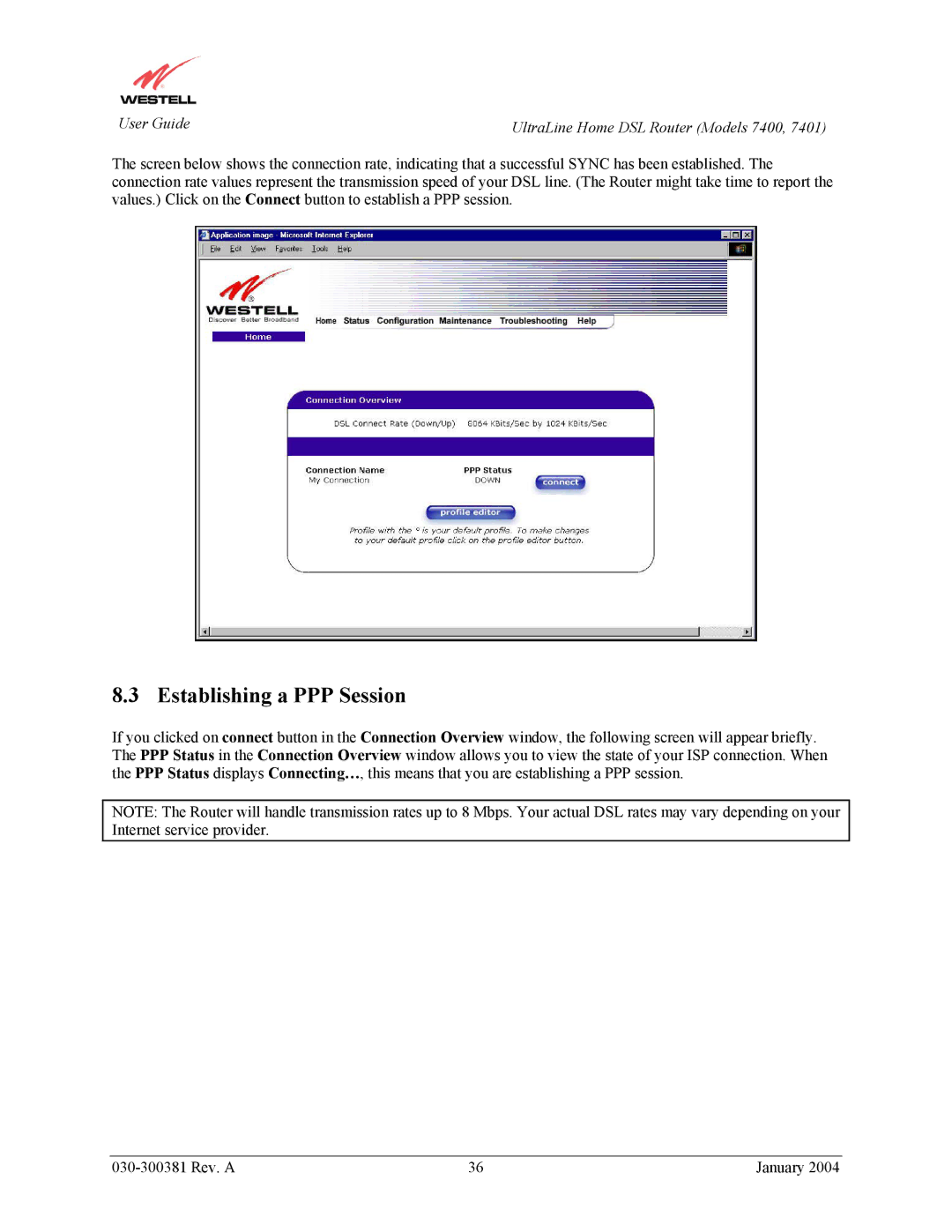 Westell Technologies 7401, 7400 manual Establishing a PPP Session 