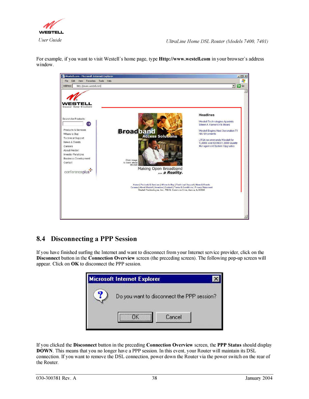 Westell Technologies 7401, 7400 manual Disconnecting a PPP Session 