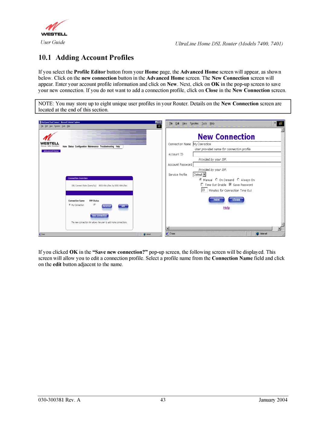 Westell Technologies 7400, 7401 manual Adding Account Profiles 