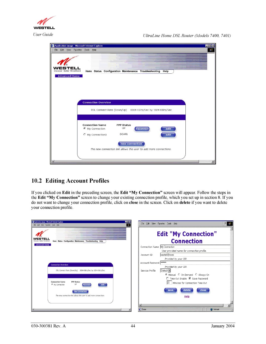 Westell Technologies 7401, 7400 manual Editing Account Profiles 