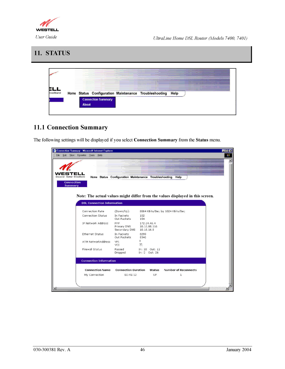 Westell Technologies 7401, 7400 manual Status, Connection Summary 