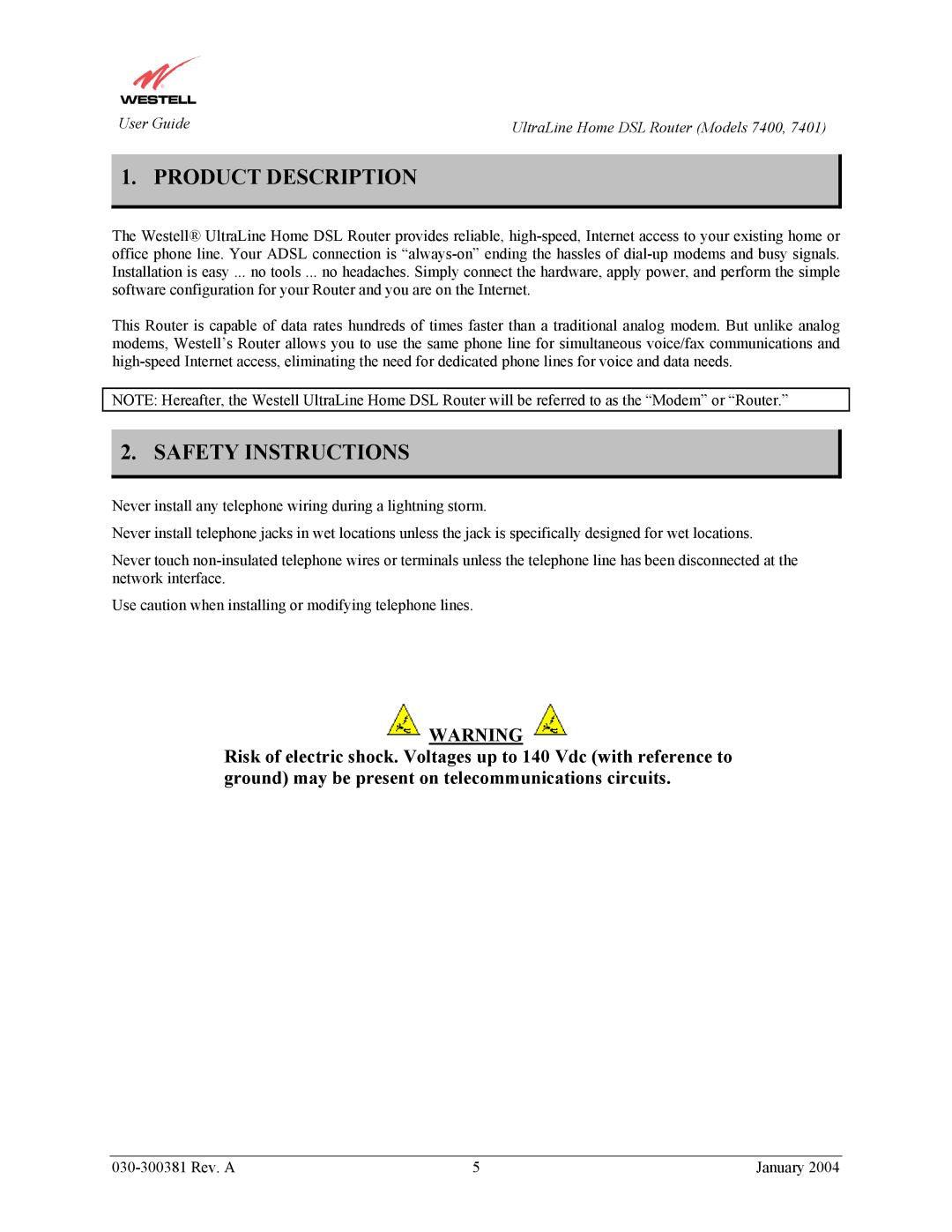 Westell Technologies 7400, 7401 manual Product Description, Safety Instructions 