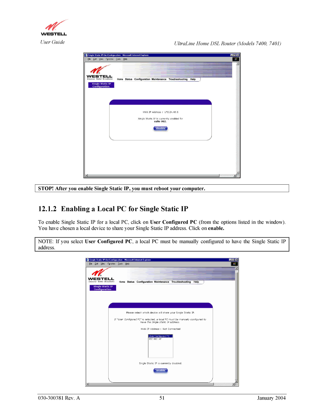 Westell Technologies 7400, 7401 manual Enabling a Local PC for Single Static IP 