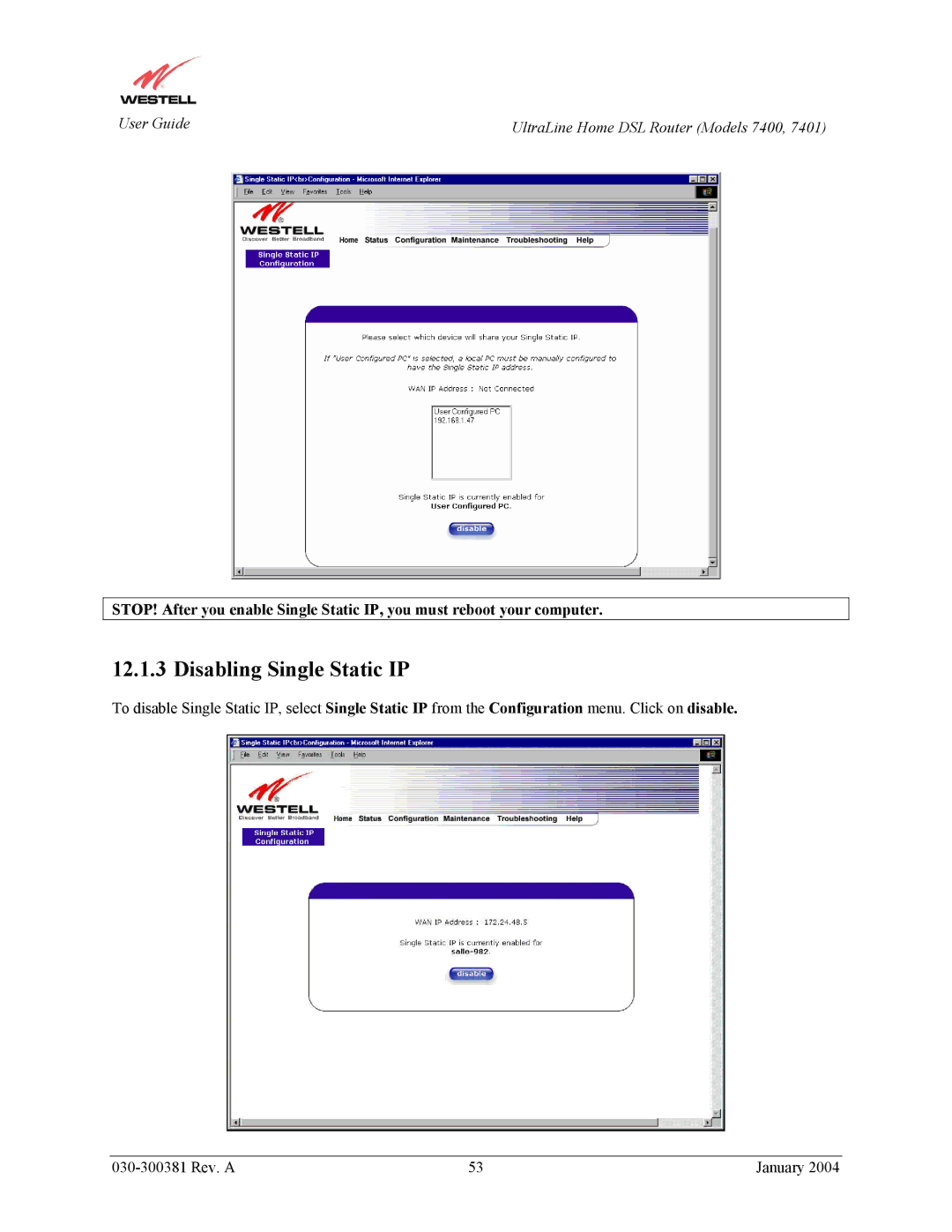 Westell Technologies 7400, 7401 manual Disabling Single Static IP 