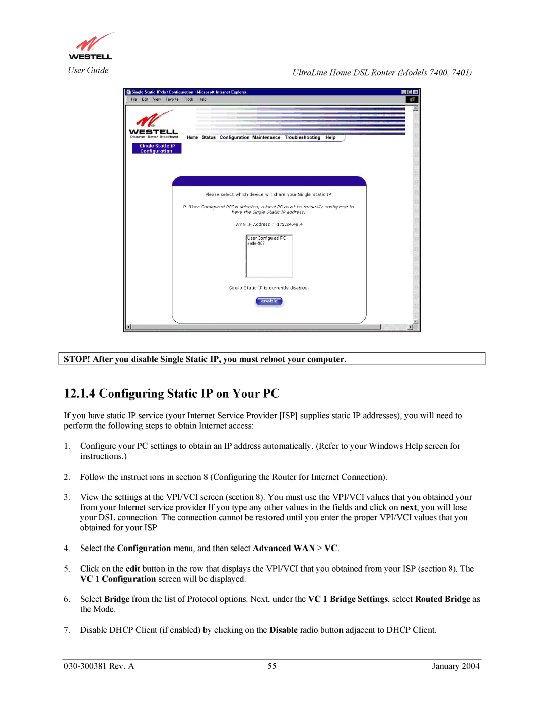 Westell Technologies 7400, 7401 manual Configuring Static IP on Your PC 