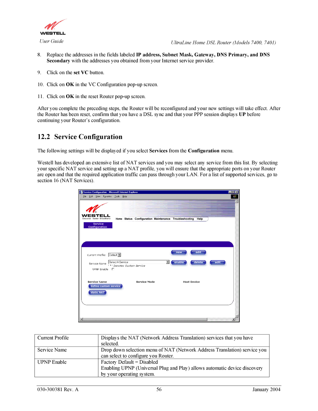 Westell Technologies 7401, 7400 manual Service Configuration 