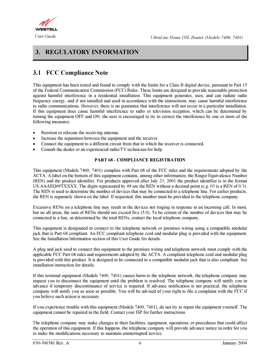 Westell Technologies 7401, 7400 manual Regulatory Information, FCC Compliance Note 