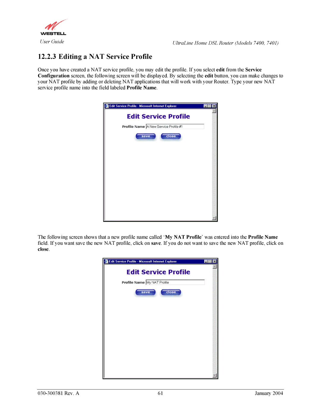 Westell Technologies 7400, 7401 manual Editing a NAT Service Profile 