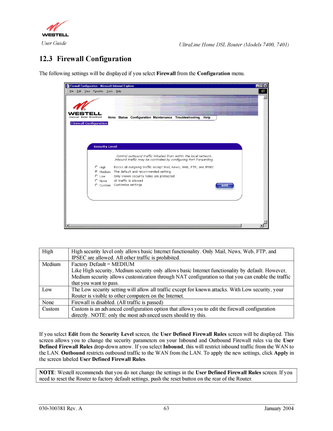 Westell Technologies 7400, 7401 manual Firewall Configuration 