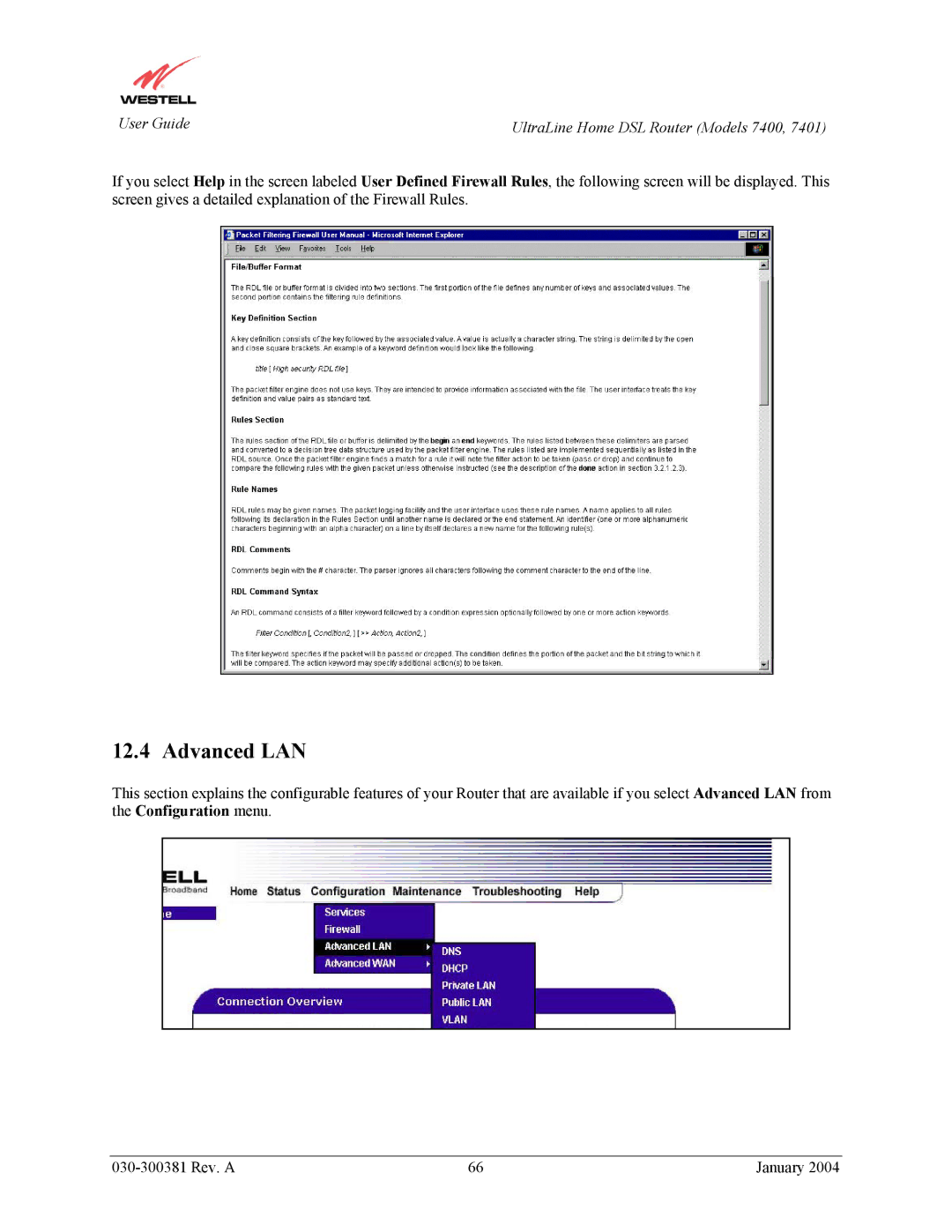 Westell Technologies 7401, 7400 manual Advanced LAN 